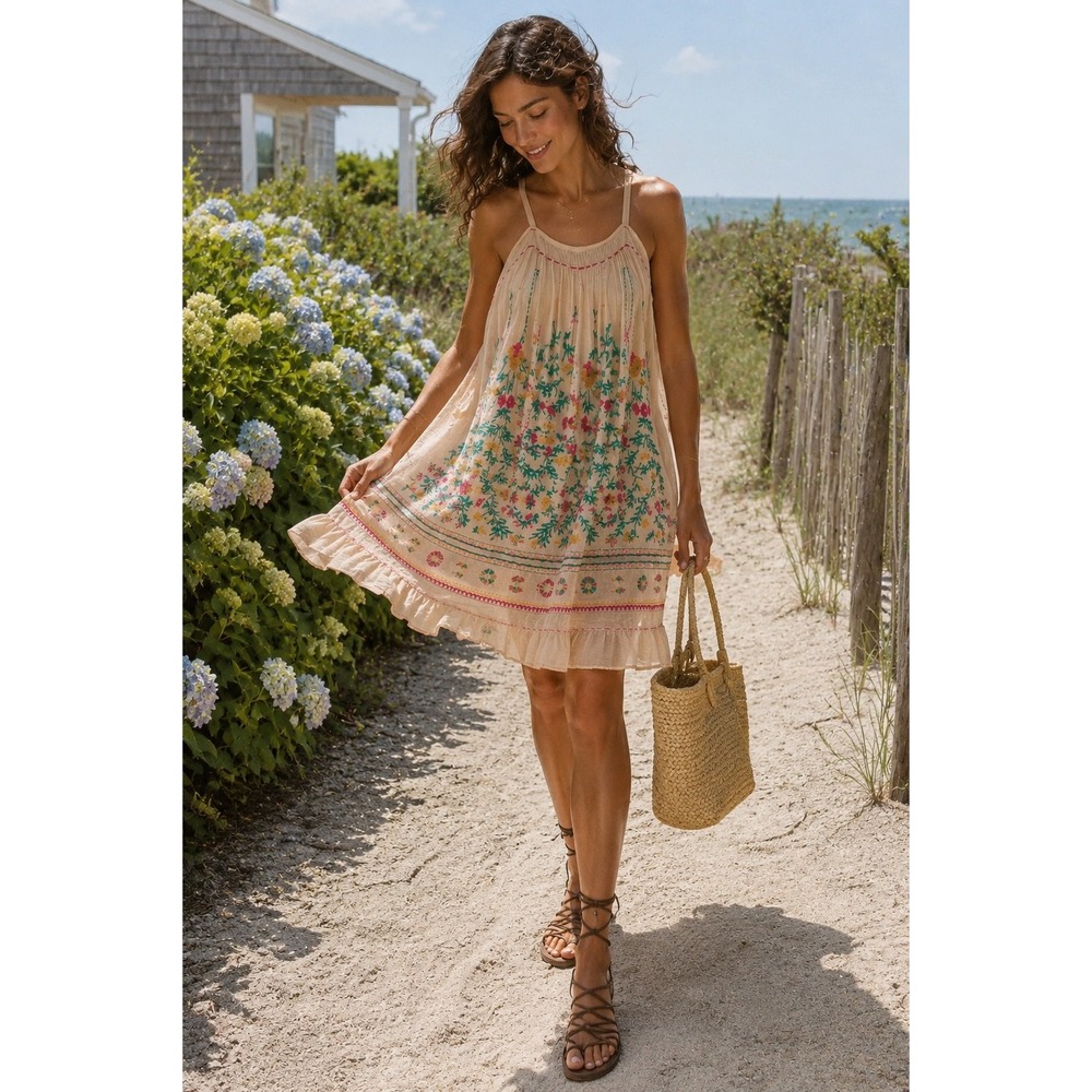Akemi + Kin Anthropologie Embroidered Floral Ruffle Mini Dress Organic Cotton 10